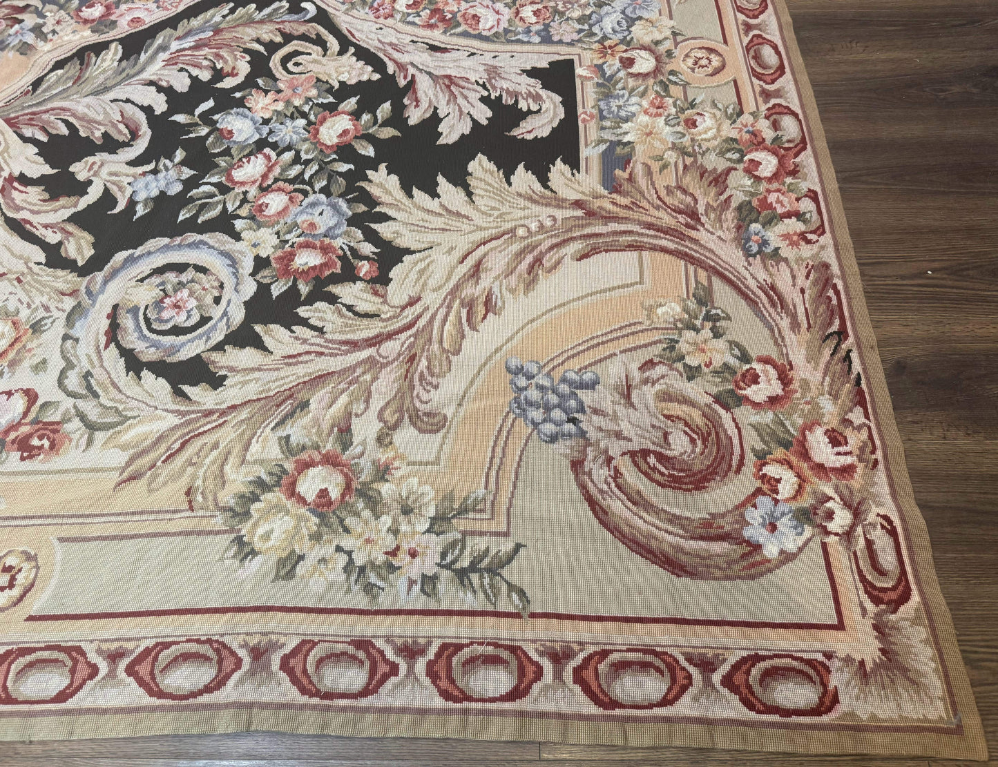 Elegant Aubusson Needlepoint Rug 10x14 Wool Floral European Design