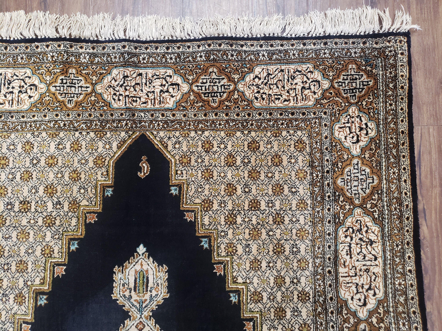 Persian Silk Qum Rug Hand Knotted Silk On Silk Luxury Vintage Area Rug Black Gold Beige 3 Ft 6 In By 5 Ft 5 In