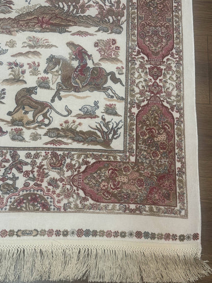 Turkish Silk Runner Rug 2.6x16.5 Ft Ivory Hunting Design Bamboo Silk New