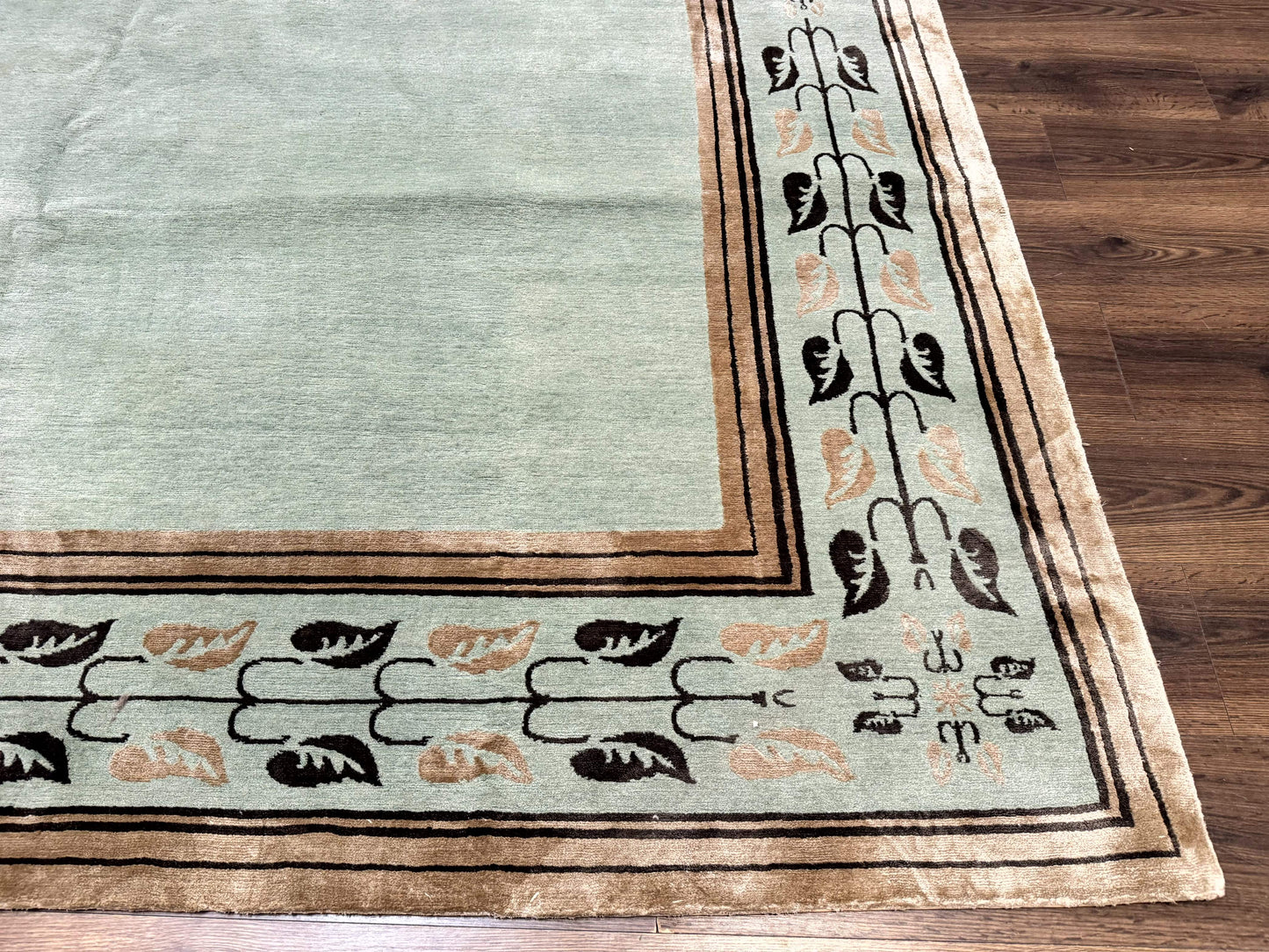Palace Size Nepali Rug 9x18 Light Mint Green Open Field Wool Hand Knotted Modern Contemporary