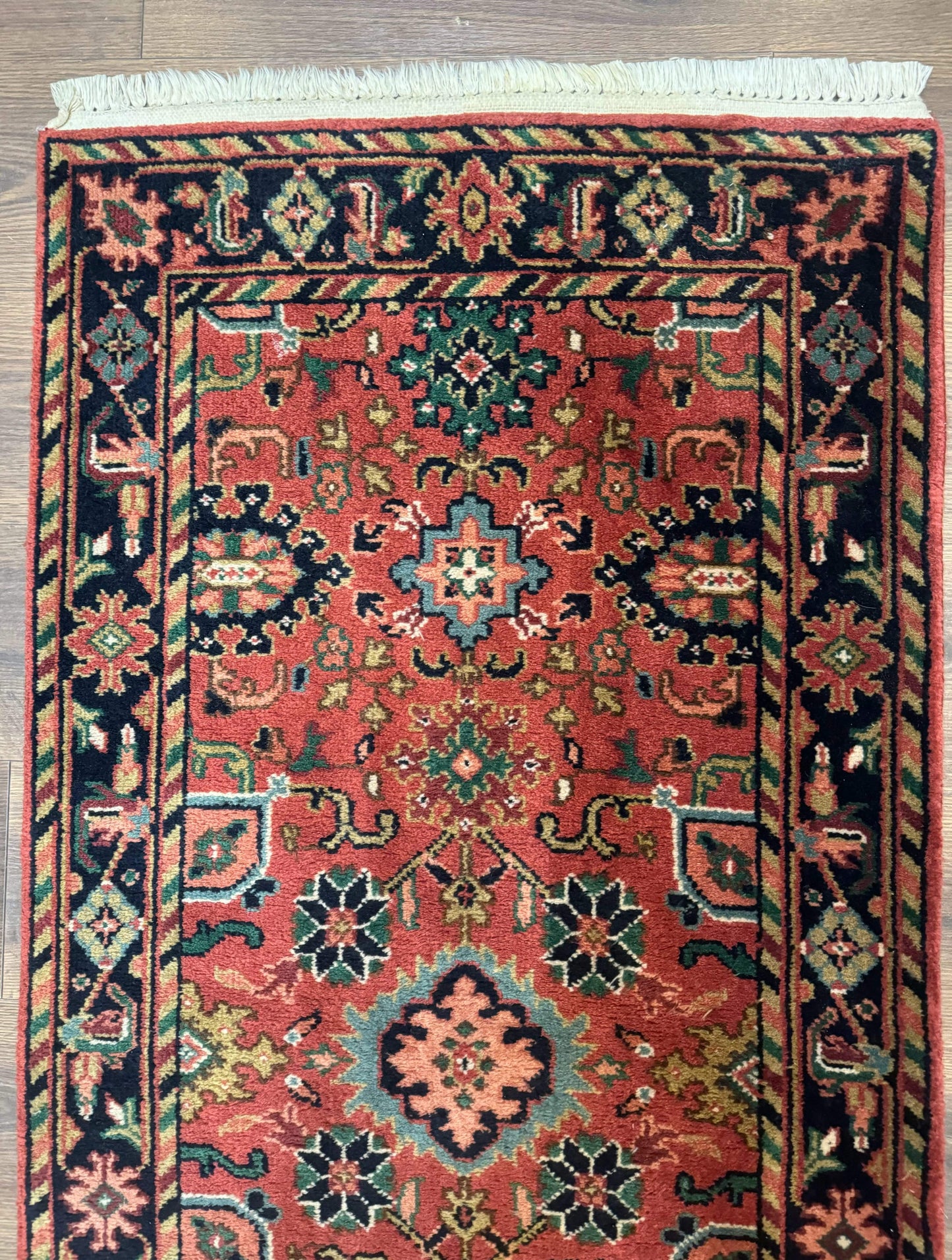 Indo Persian Heriz Runner Rug 2x12 Hand Knotted Wool Hallway Rug Red And Black