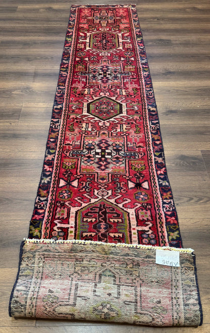 Persian Heriz Karajeh Runner Rug 2x9 With Bold Geometric Medallions In Red Navy