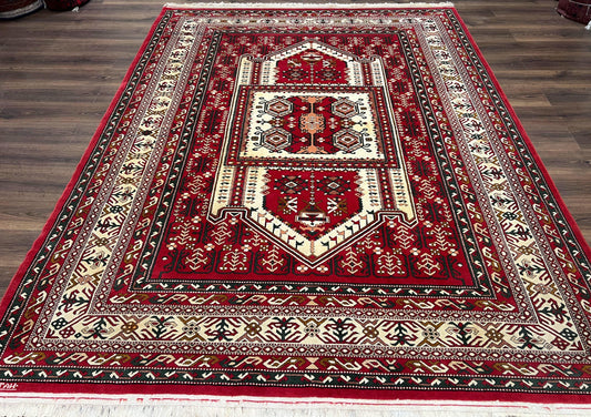 Wool Kazak Rug Hand Knotted 7x10 Pakistani Geometric Medallion Red Cream Green Vintage Oriental Rug