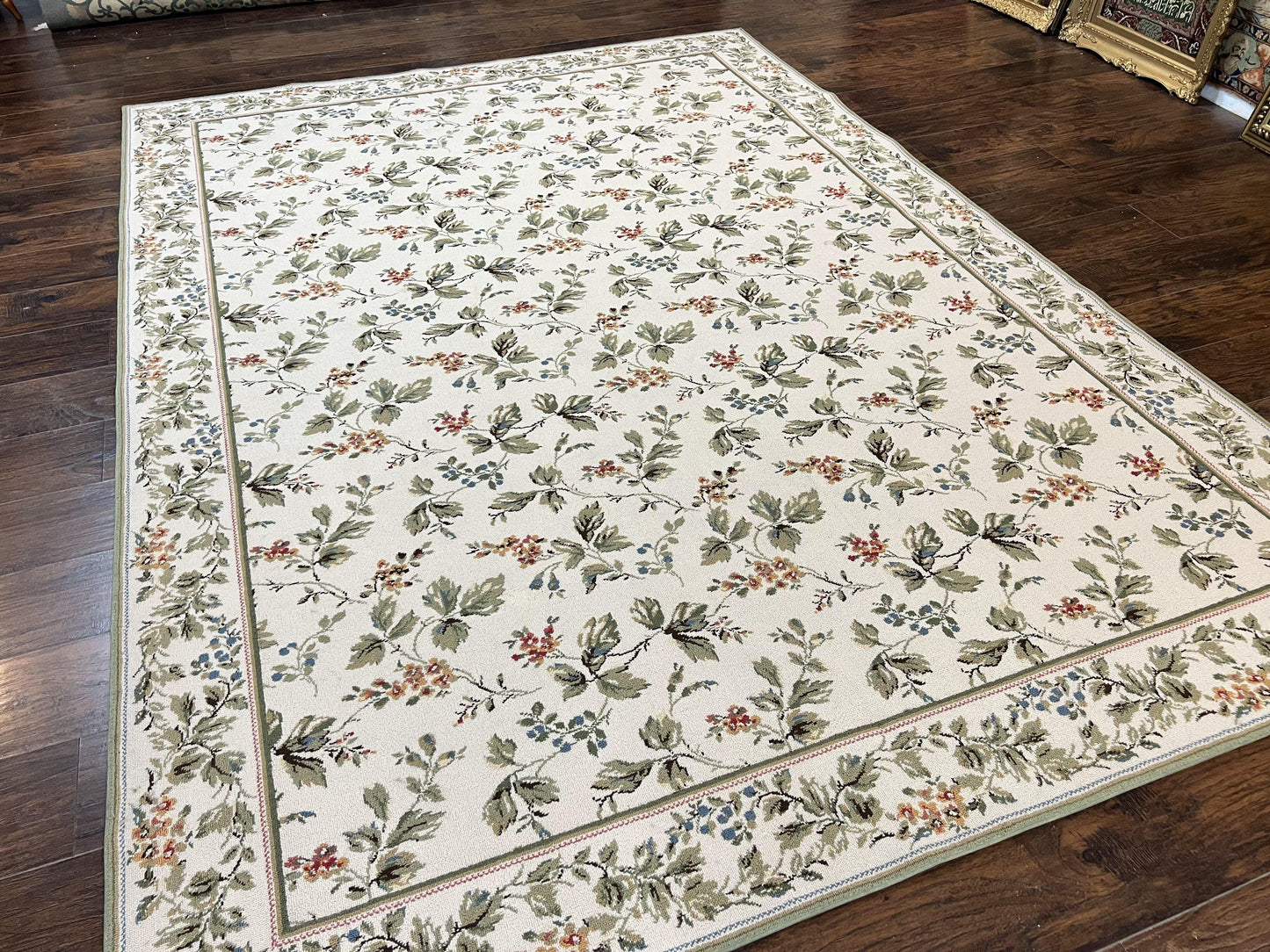 Stark Rug Vintage 7x10 Ivory And Green European Aubusson Design Wool Floral Carpet