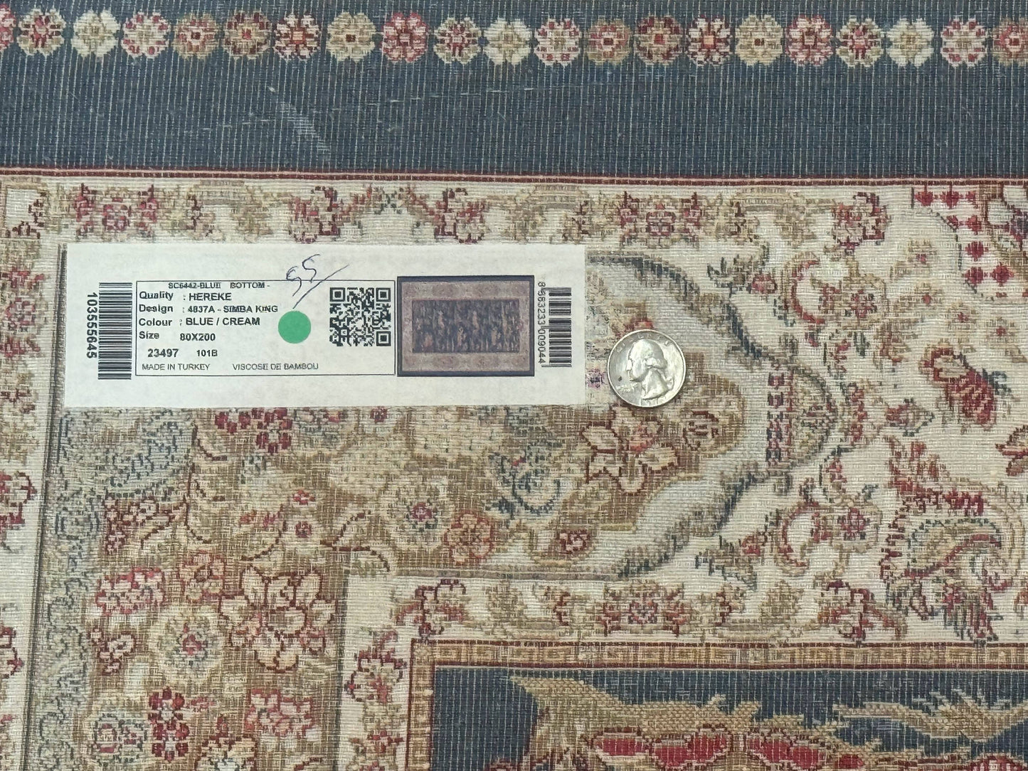 Turkish Silk Rug Runner 2.6 by 6.7 Blue Ivory Bamboo Silk Contemporary Design