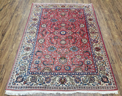 Persian Kashan Rug Semi Antique Hand Knotted Wool Red And Cream 4 Ft 8 In By 6 Ft 6 In
