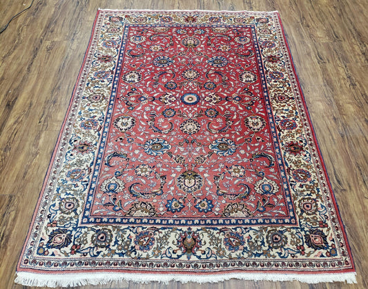 Persian Kashan Rug Semi Antique Hand Knotted Wool Red And Cream 4 Ft 8 In By 6 Ft 6 In