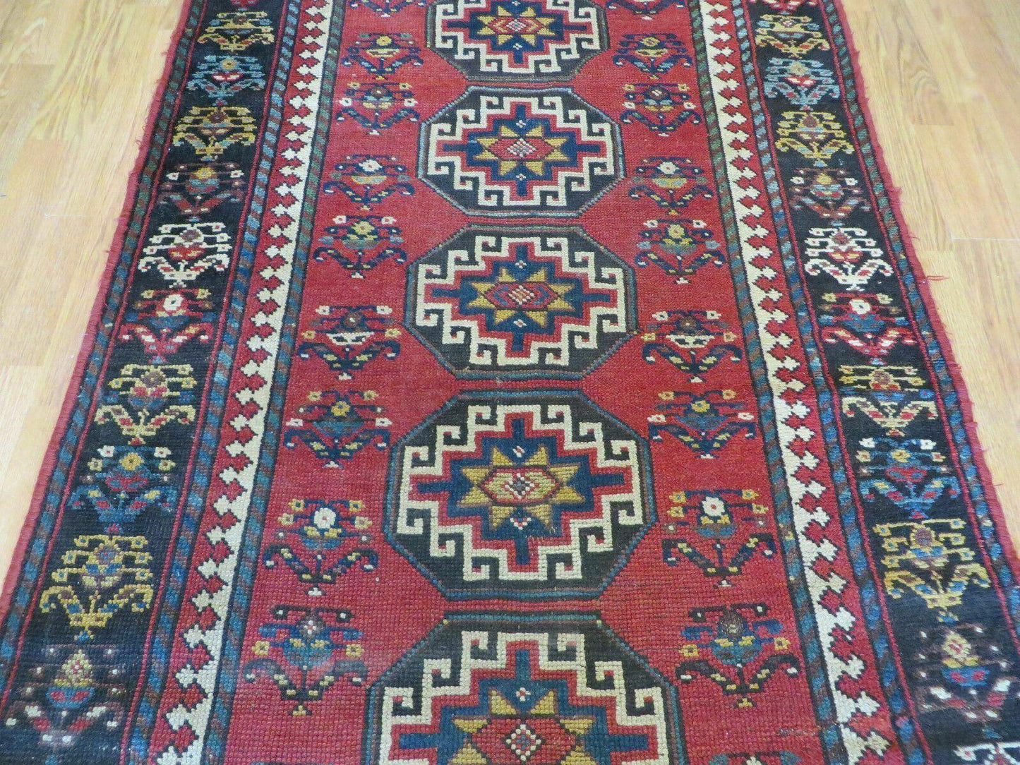 Hand Knotted Caucasian Kazak Wool Runner Rug Antique 1920s Medallion Design