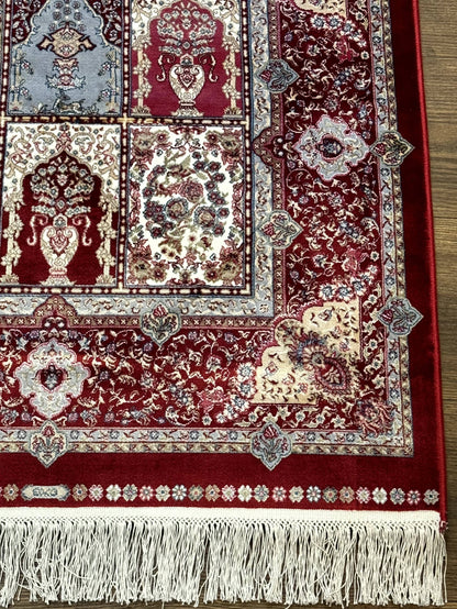 Turkish Silk Runner Rug 2.6 x 11.6 Ft Panel Design Dark Red Ivory Bamboo Silk