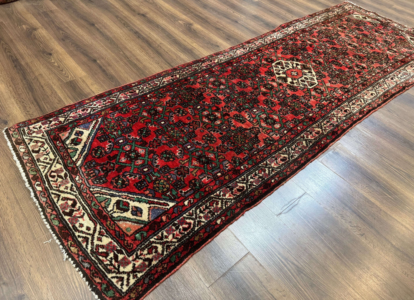 Persian Hamadan Runner Rug 3x10 Wool Hand Knotted Red And Ivory Hallway