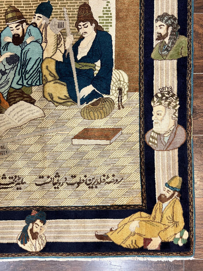 Persian Tabriz Pictorial Rug 3x5 Hand Knotted Wool Wall Hanging Vintage Semi Antique