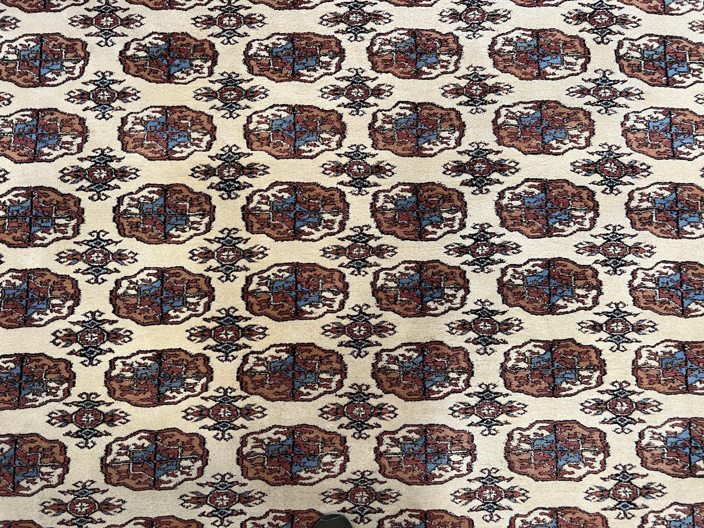 Pakistani Bokhara Rug 8x10 Vintage Handmade Turkoman Carpet With Elephant Foot Motif Ivory Cream Black Red