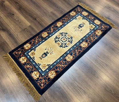 Silk Chinese Rug 2x4 Hand Knotted Peking Carpet In Golden Beige And Blue