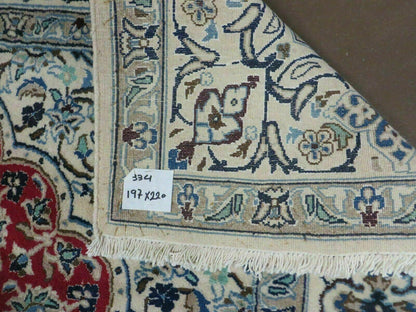 Square Persian Nain Rug 6ft 3in By 6ft 8in Hand Knotted Wool Silk Accents Ivory Red Blue