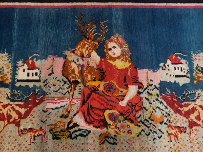 Antique Persian Pictorial Rug Hand Knotted Wool Carpet 4ft 6in By 9ft Blue Roses Caucasian