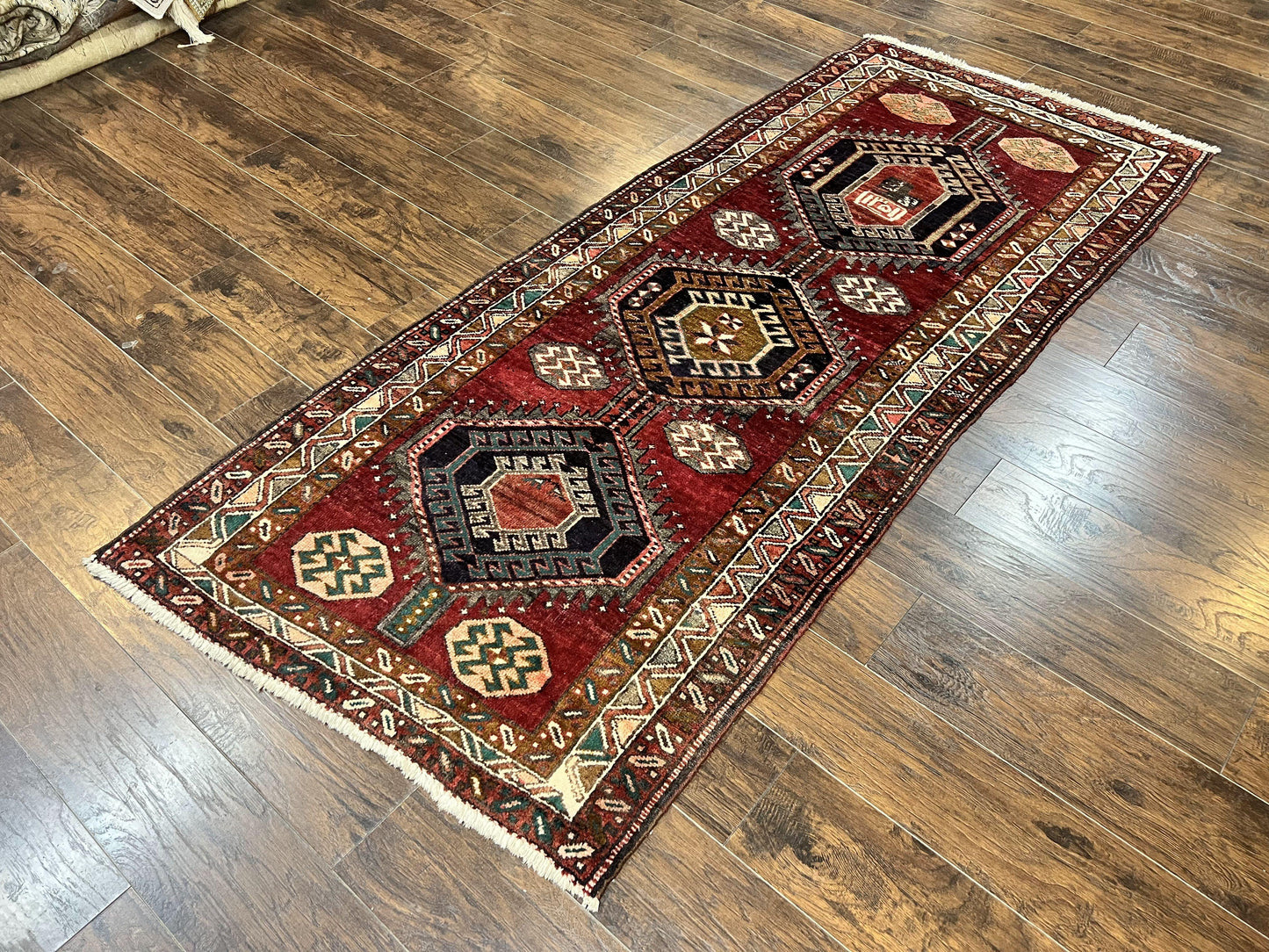Persian Heriz Runner Rug 3.8 By 8.6 Hand Knotted Wool Geometric Triple Medallions Hallway Decor