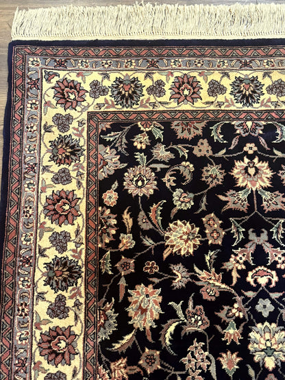 Sino Persian Rug 4x6 Navy Blue Cream Floral Oriental Carpet Handmade Wool