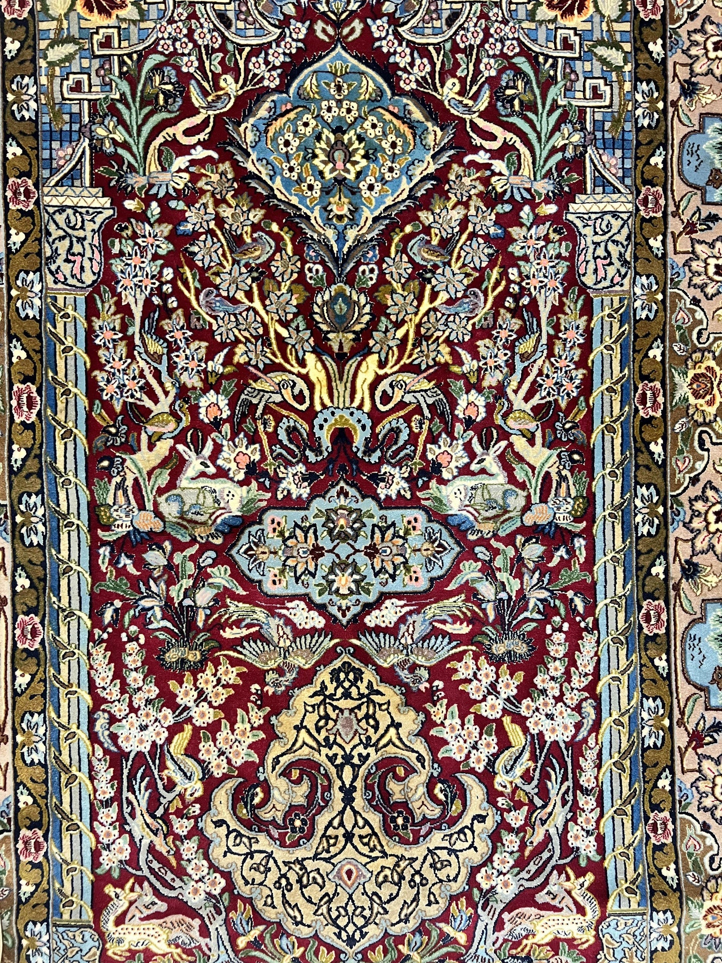 Persian Isfahan Rug Vintage Hand Knotted 3.7 by 5.6 Tree of Life Kork Wool Silk Highlights