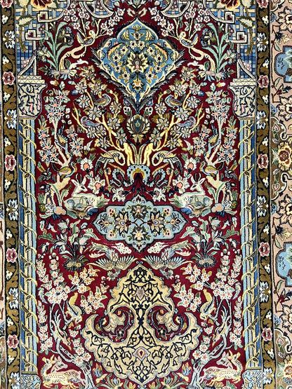 Persian Isfahan Rug Vintage Hand Knotted 3.7 by 5.6 Tree of Life Kork Wool Silk Highlights