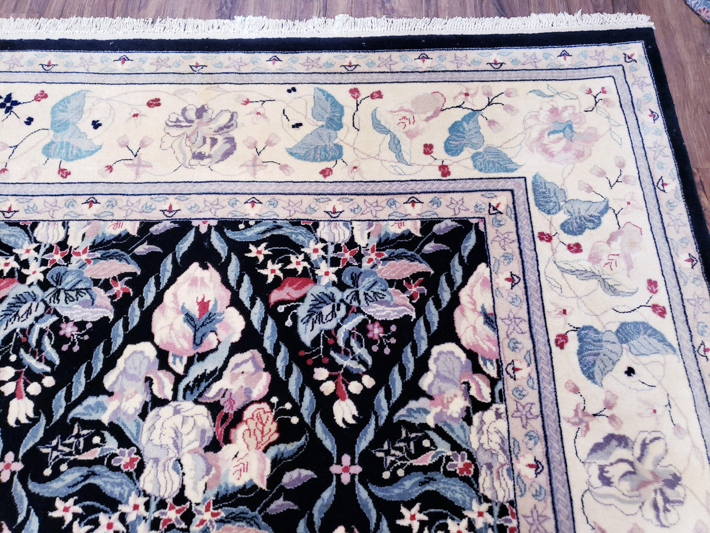 Black Kirman Rug Wool Handmade Floral Oriental Carpet 8x11 Room Size