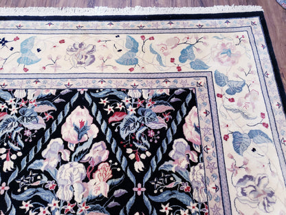 Black Kirman Rug Wool Handmade Floral Oriental Carpet 8x11 Room Size