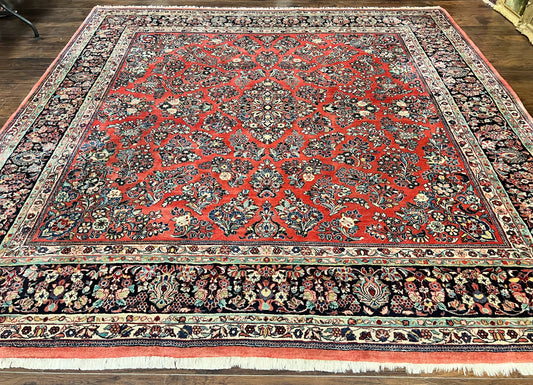 Persian Sarouk Rug Square 11x11 ft Hand Knotted Wool Floral Red Carpet Handmade Antique Rug