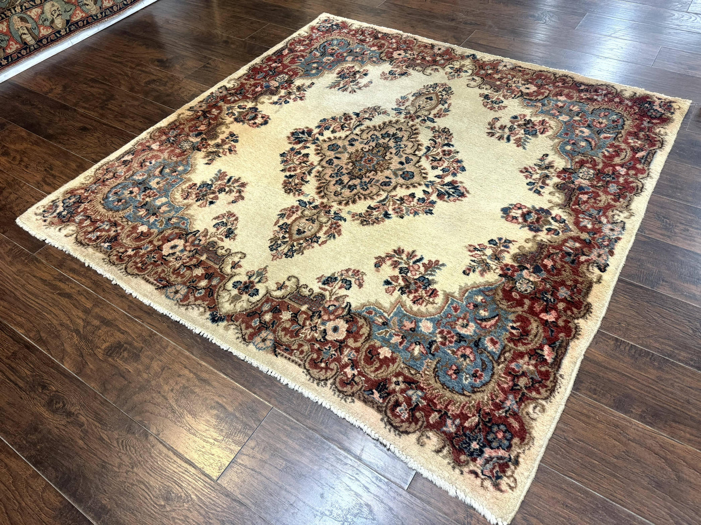Persian Kerman Rug Square 5.5 by 5.5 Ft Beige Cream and Light Blue