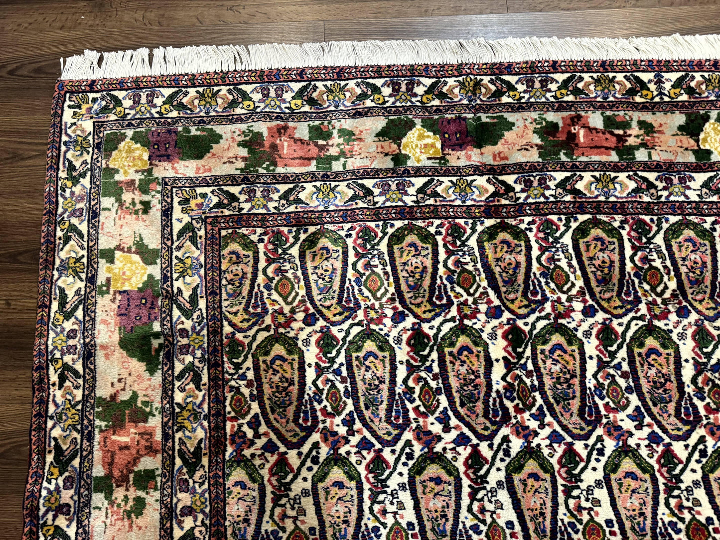 Persian Kurdish Rug 8x11 Boteh Design With Repeated Paisleys And Bird Pictorials Sannadaji Carpet