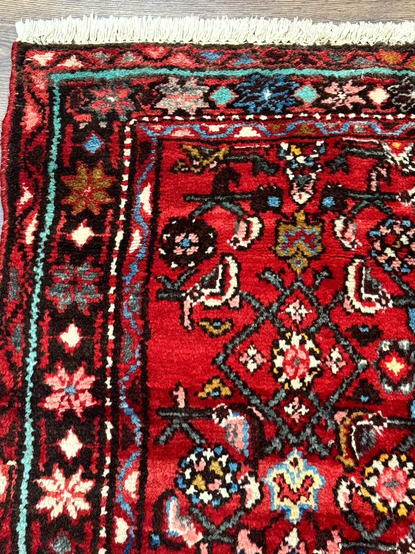 Red Persian Rug Hamadan 4x7 Vintage Wool Village Carpet With Floral Geometric Border