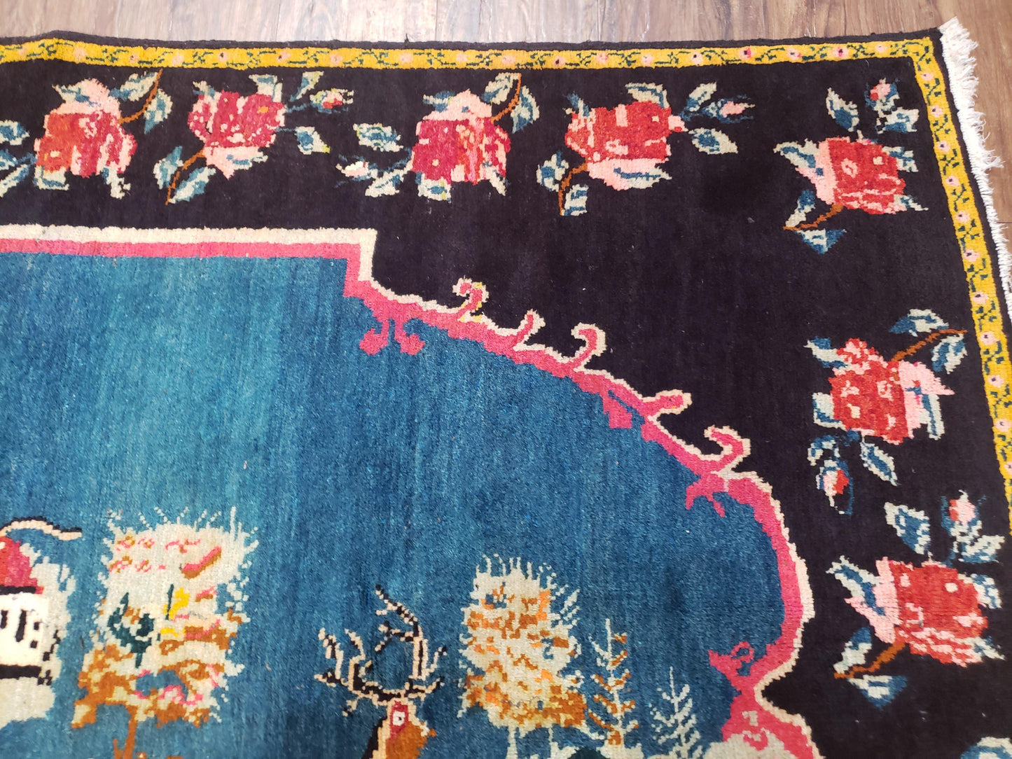 Antique Persian Pictorial Rug Hand Knotted Wool Carpet 4ft 6in By 9ft Blue Roses Caucasian