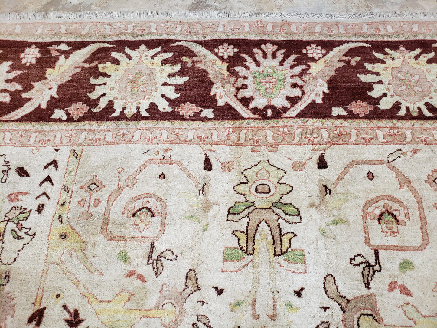 Peshawar Rug Hand Knotted Handmade Wool Oushak Style 10x15 Beige and Maroon Living Room Rug