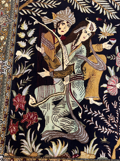 Persian Qum Pictorial Rug With Layla Majnun Birds In Garden Scene 4.8 By 6.5