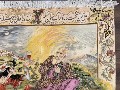 Persian Tabriz Pictorial Rug Hand Knotted Wool 5x3 Hafez Poetry Border