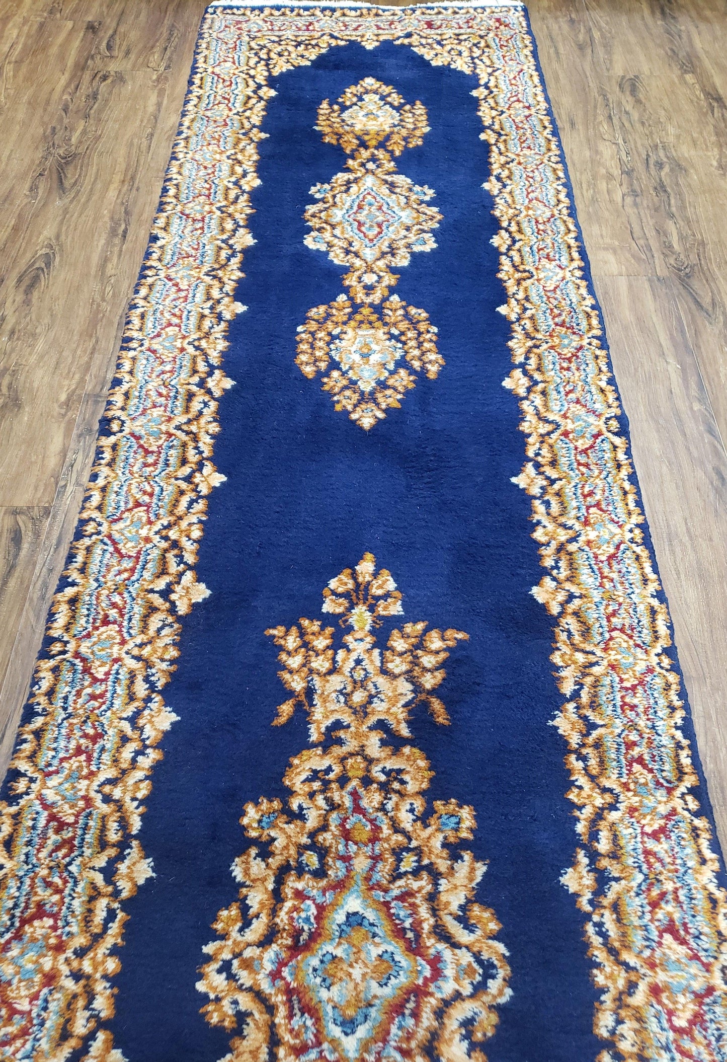 Semi Antique Dark Blue Persian Kerman Runner Hand Knotted Wool Open Field Medallion