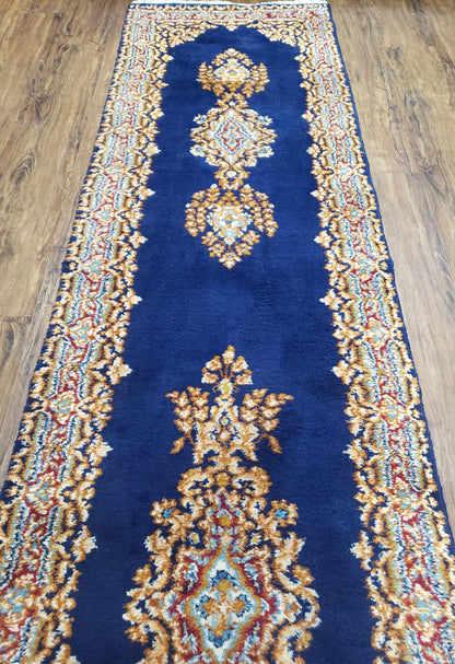 Semi Antique Dark Blue Persian Kerman Runner Hand Knotted Wool Open Field Medallion