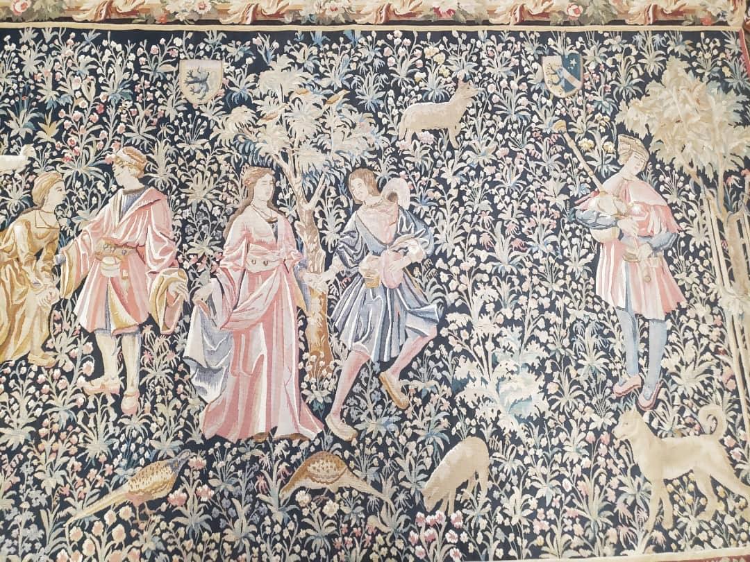 Vintage European Tapestry Aubusson Weave Wool Wall Hanging Courtship Scene Animals