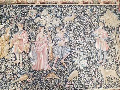 Vintage European Tapestry Aubusson Weave Wool Wall Hanging Courtship Scene Animals