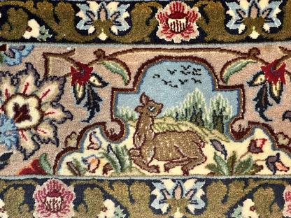 Persian Isfahan Rug Vintage Hand Knotted 3.7 by 5.6 Tree of Life Kork Wool Silk Highlights