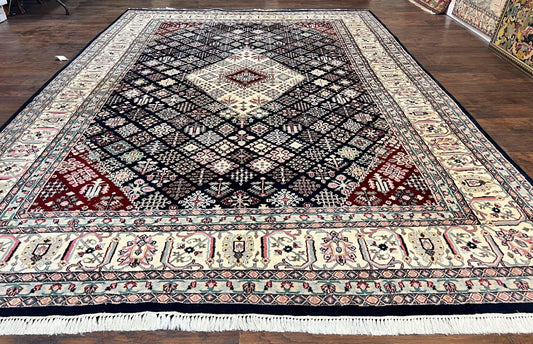 Indo Persian Rug 10x14 Hand Knotted Wool Room Sized Vintage Carpet Navy Ivory Traditional Oriental