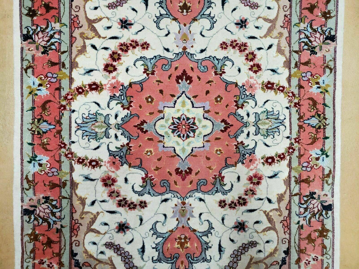 Vintage Persian Tabriz Wool Silk Rug Hand Knotted Medallion Ivory Salmon Light Blue