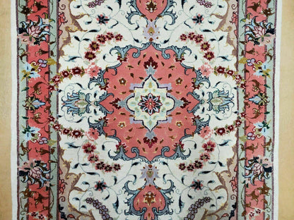 Vintage Persian Tabriz Wool Silk Rug Hand Knotted Medallion Ivory Salmon Light Blue