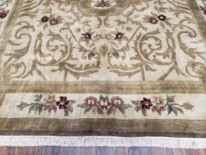 Vintage Nepali Tibetan Aubusson Wool Rug Hand Knotted 6x9 Cream Beige Leaves Floral Pattern