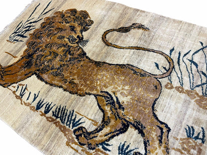 Handmade Wool Rug Hand Knotted Lion Vintage 3.5x4 New Organic Dyes