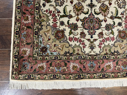 Fine Persian Tabriz Rug 3x5 Hand Knotted Wool Floral Medallion Ivory Salmon 340 KPSI