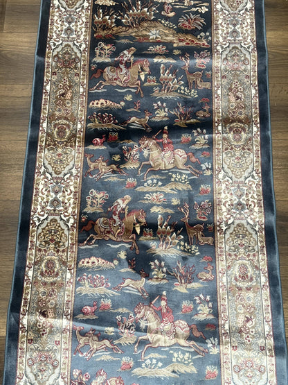 Turkish Silk Rug Runner 2.6 by 6.7 Blue Ivory Bamboo Silk Contemporary Design