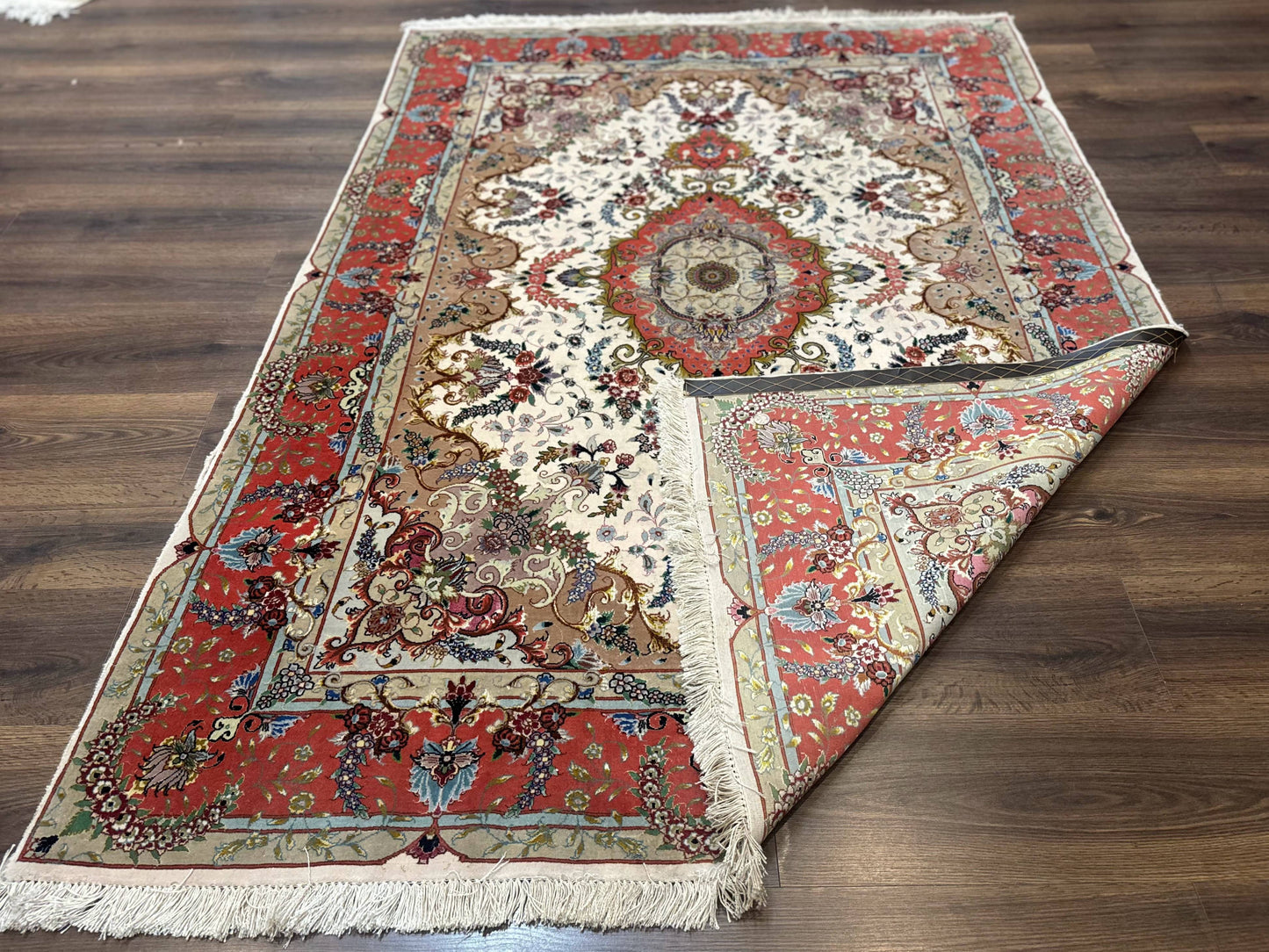 Persian Tabriz Rug 5x7 Ivory and Coral Medallion Fine 440 KPSI