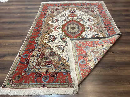 Persian Tabriz Rug 5x7 Ivory and Coral Medallion Fine 440 KPSI