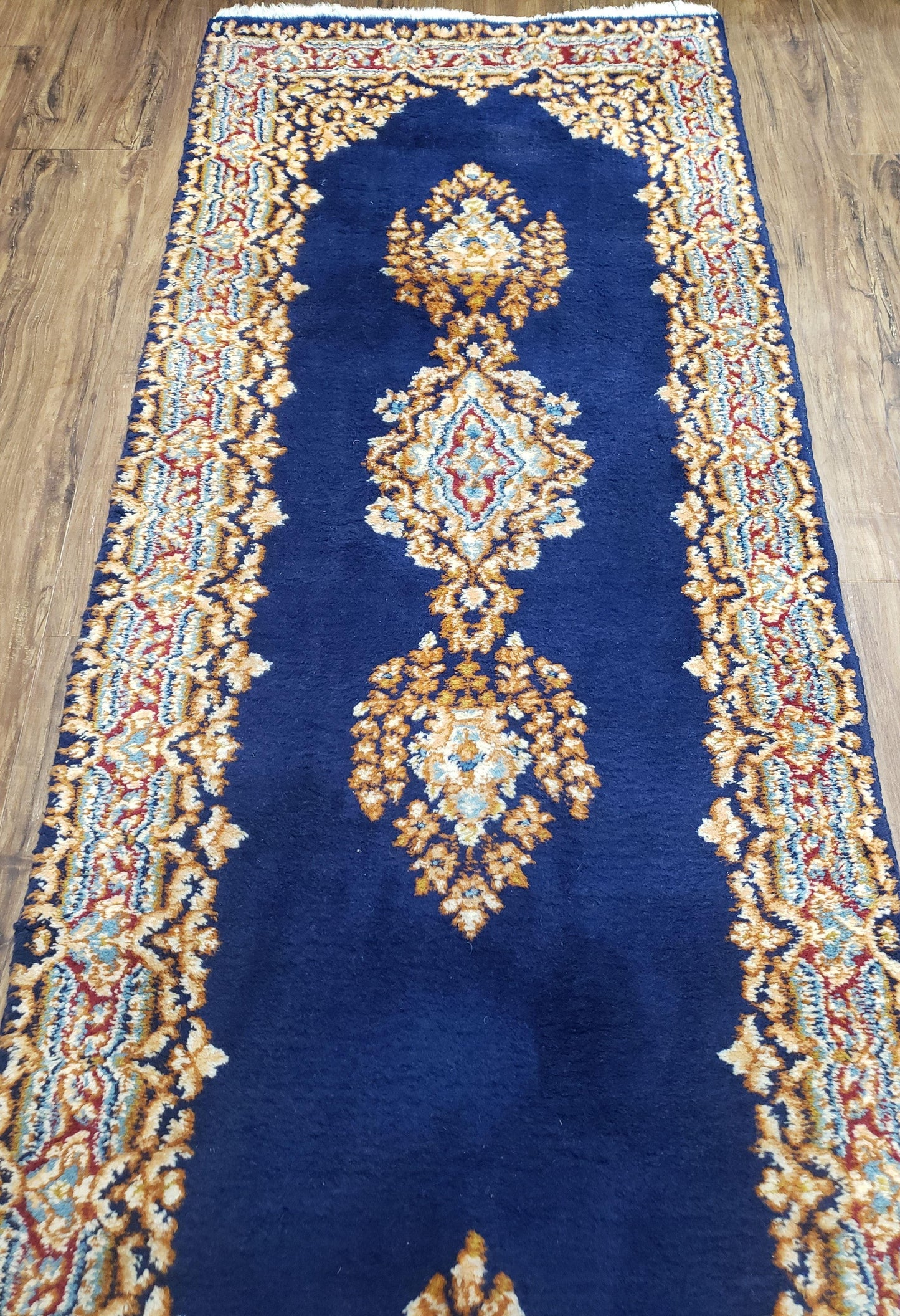 Semi Antique Dark Blue Persian Kerman Runner Hand Knotted Wool Open Field Medallion
