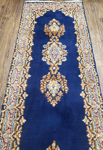 Semi Antique Dark Blue Persian Kerman Runner Hand Knotted Wool Open Field Medallion