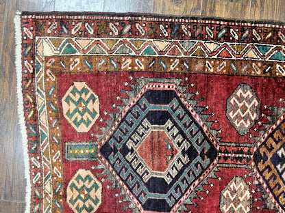 Persian Heriz Runner Rug 3.8 By 8.6 Hand Knotted Wool Geometric Triple Medallions Hallway Decor